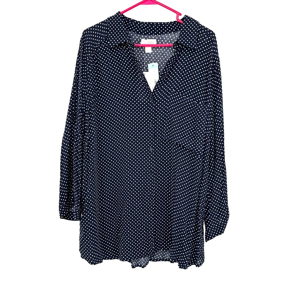 Vixbe Size XL Long Sleeve Button Up Blouse Top Shirt Blue White Polka Dot NWT‎